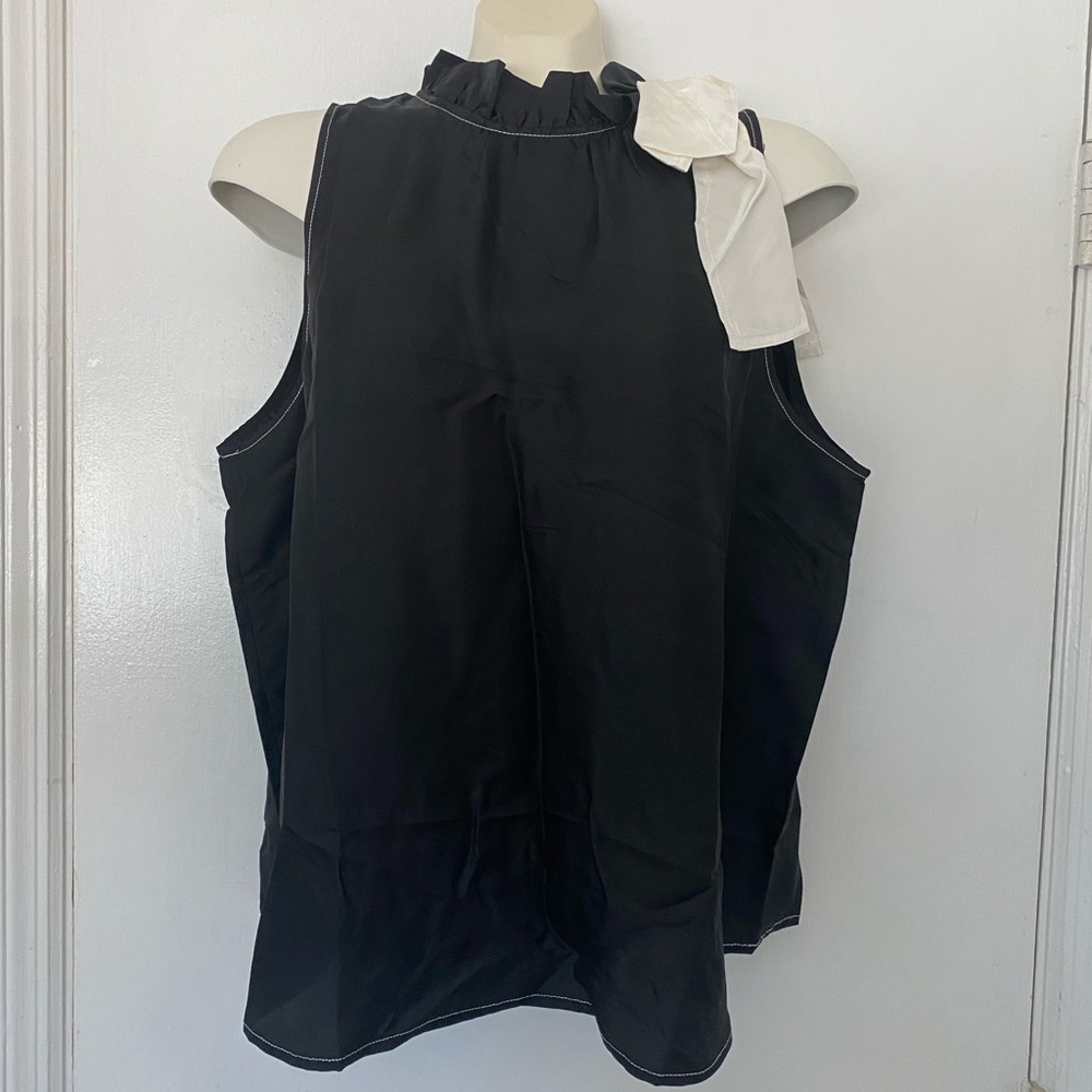 NEW J Crew Collection Silk Twill Top with Fixed Bow Black White Ruffle Neck XL
